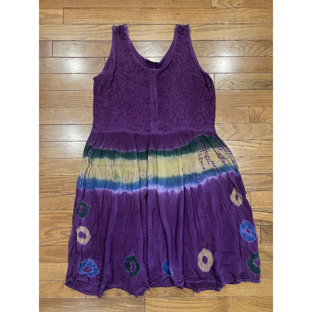 Tipsy Boho Dress Free Size Purple Tie Dye Embroidered Festival Tunic